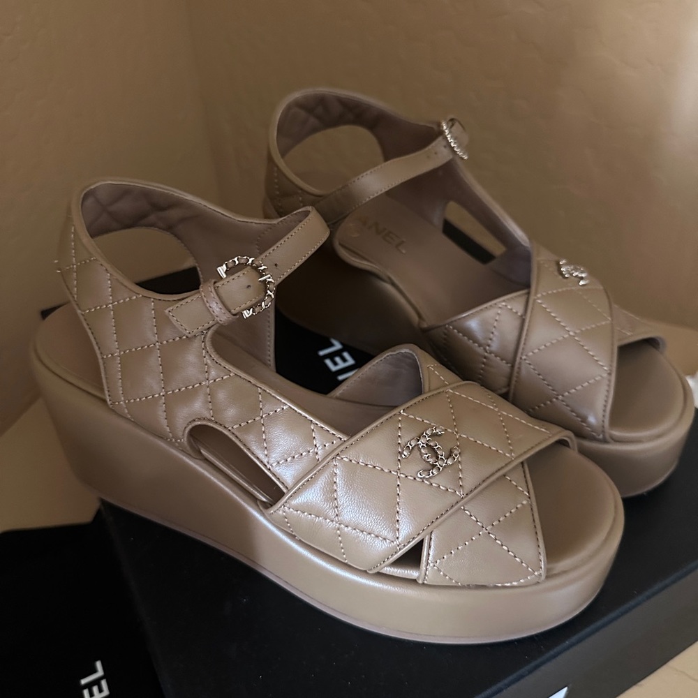 Chanel beige wedge sandals
